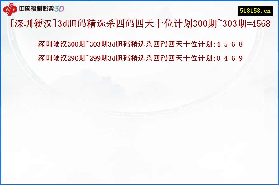 [深圳硬汉]3d胆码精选杀四码四天十位计划300期~303期=4568