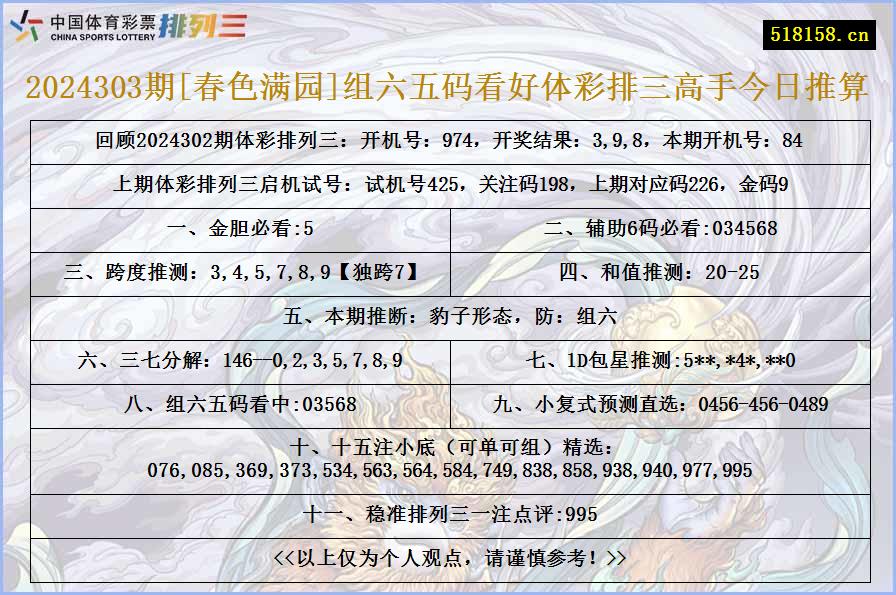 2024303期[春色满园]组六五码看好体彩排三高手今日推算