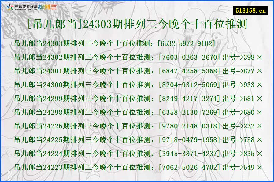 [吊儿郎当]24303期排列三今晚个十百位推测