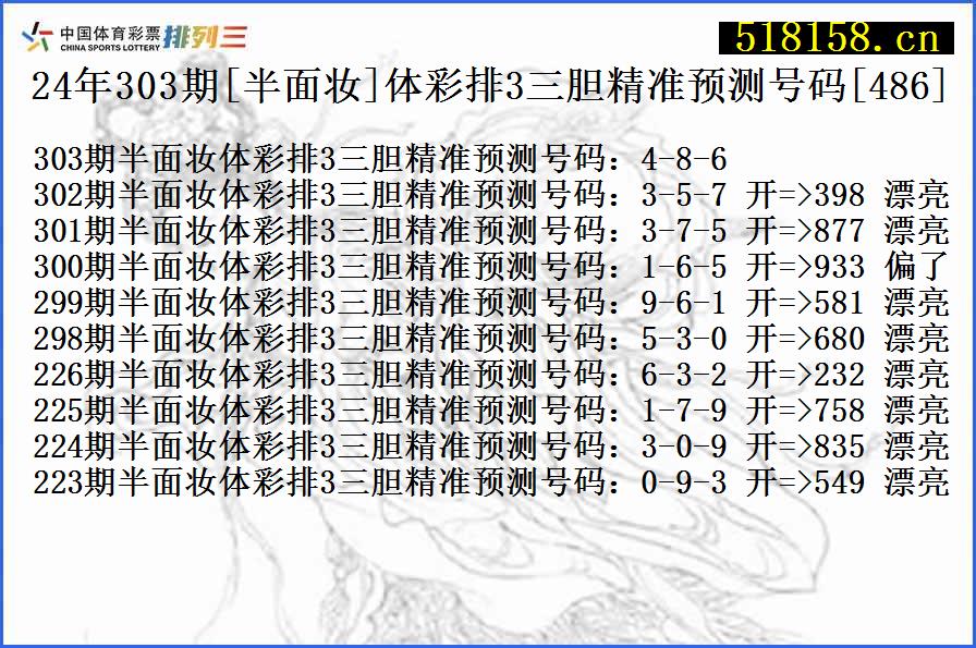 24年303期[半面妆]体彩排3三胆精准预测号码[486]