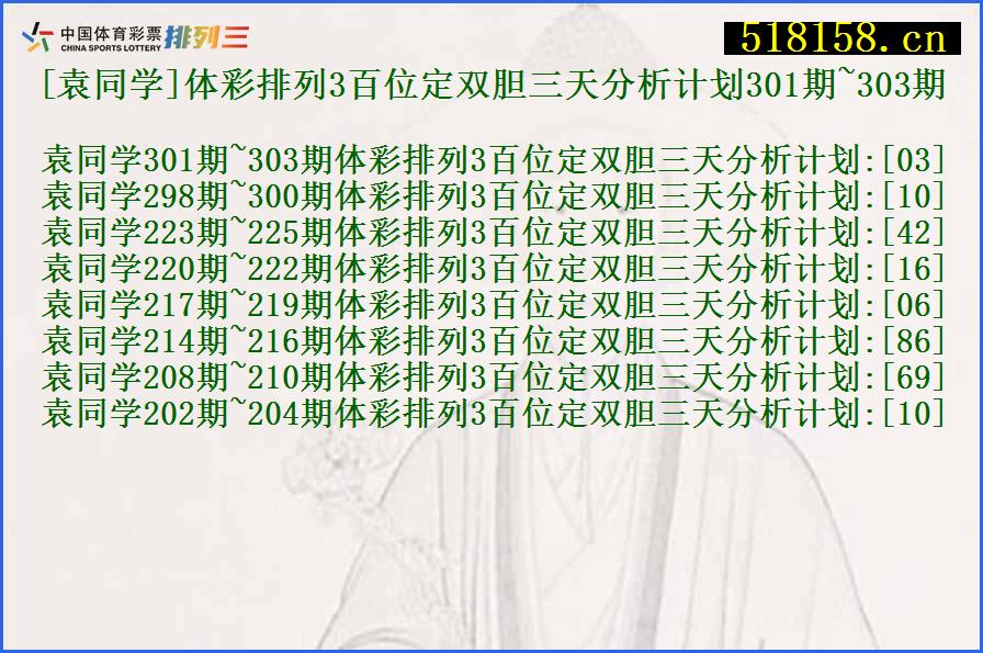 [袁同学]体彩排列3百位定双胆三天分析计划301期~303期