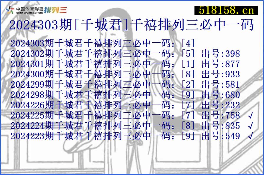 2024303期[千城君]千禧排列三必中一码