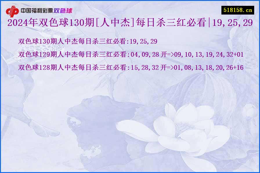 2024年双色球130期[人中杰]每日杀三红必看|19,25,29