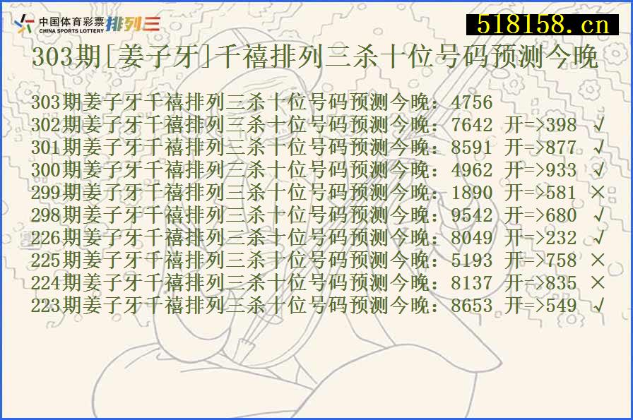 303期[姜子牙]千禧排列三杀十位号码预测今晚