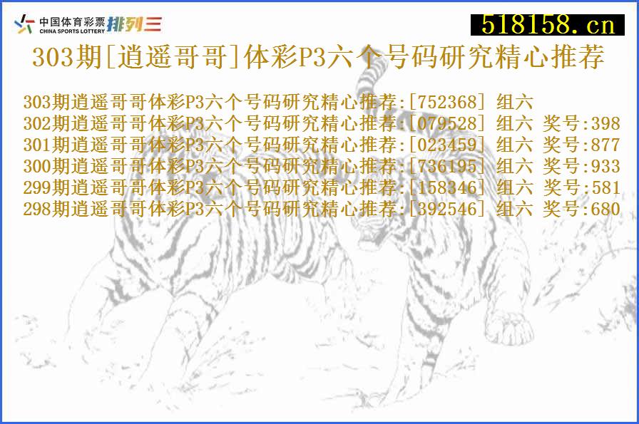 303期[逍遥哥哥]体彩P3六个号码研究精心推荐