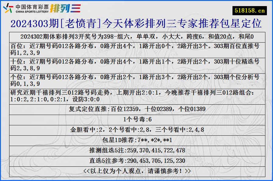 2024303期[老愤青]今天体彩排列三专家推荐包星定位