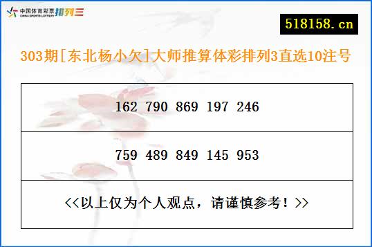 303期[东北杨小欠]大师推算体彩排列3直选10注号