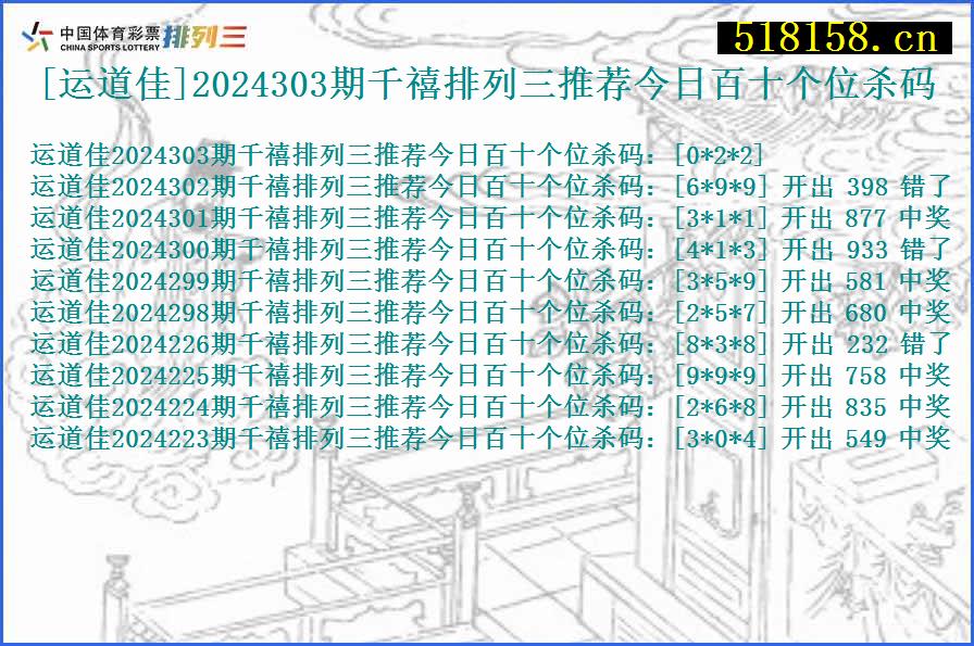 [运道佳]2024303期千禧排列三推荐今日百十个位杀码