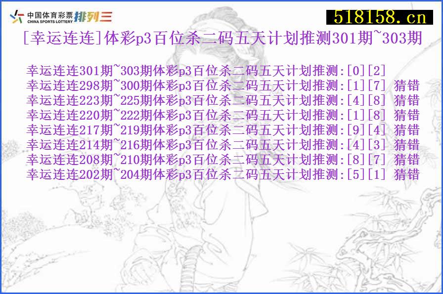 [幸运连连]体彩p3百位杀二码五天计划推测301期~303期