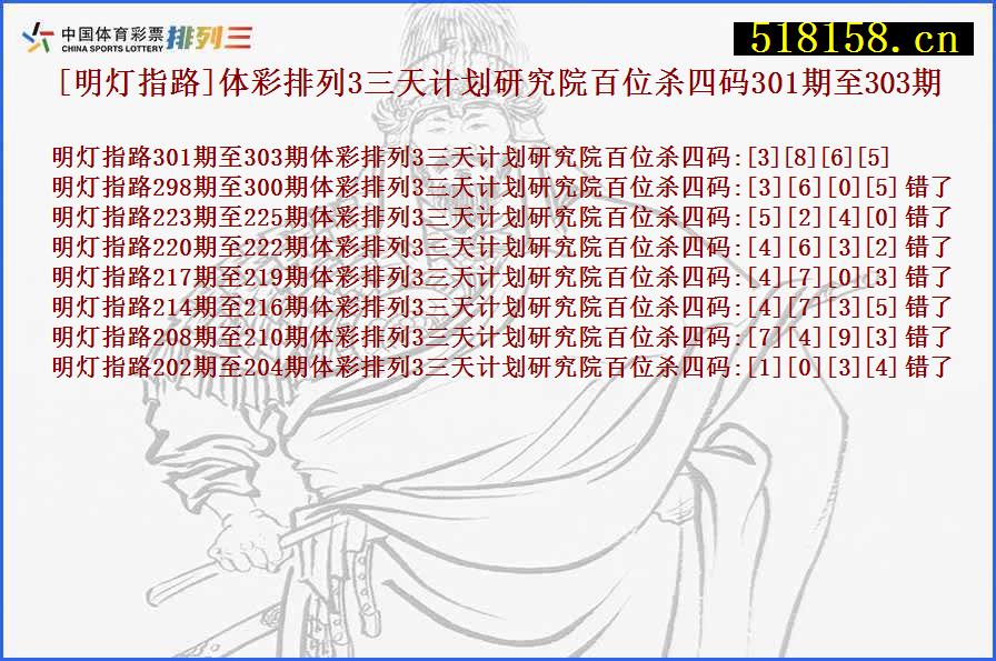 [明灯指路]体彩排列3三天计划研究院百位杀四码301期至303期