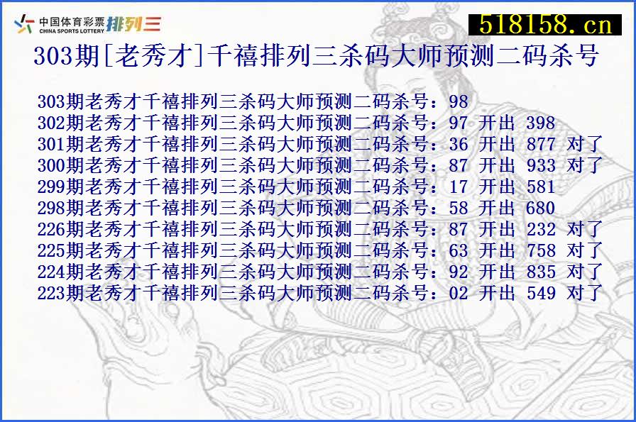 303期[老秀才]千禧排列三杀码大师预测二码杀号