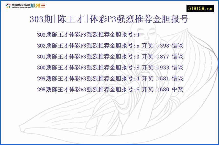 303期[陈王才]体彩P3强烈推荐金胆报号