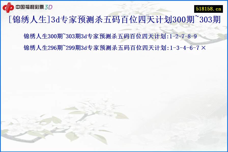 [锦绣人生]3d专家预测杀五码百位四天计划300期~303期