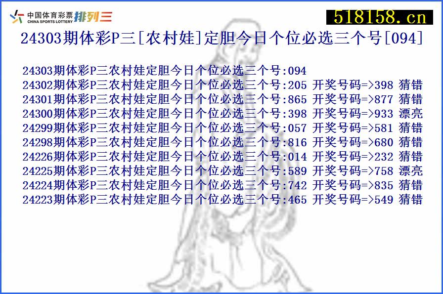 24303期体彩P三[农村娃]定胆今日个位必选三个号[094]