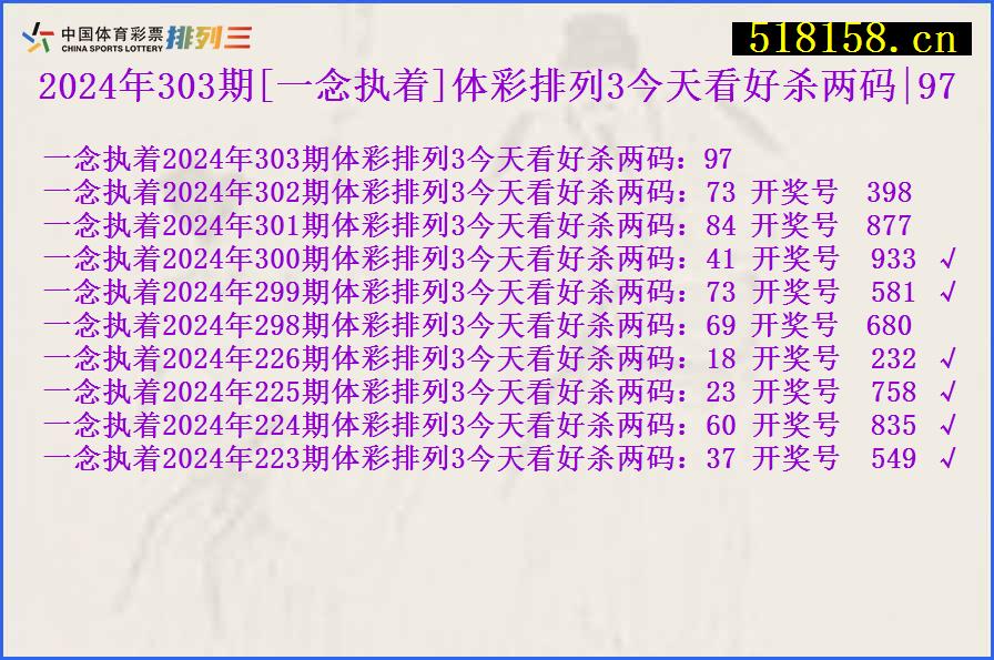 2024年303期[一念执着]体彩排列3今天看好杀两码|97