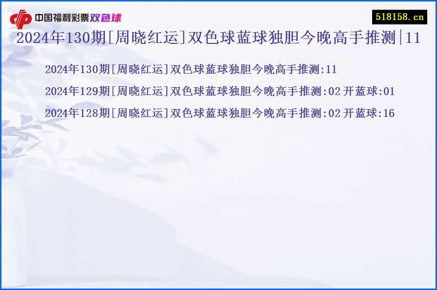 2024年130期[周晓红运]双色球蓝球独胆今晚高手推测|11