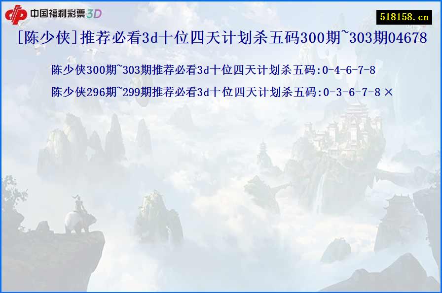 [陈少侠]推荐必看3d十位四天计划杀五码300期~303期04678