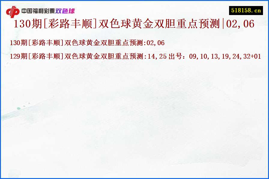 130期[彩路丰顺]双色球黄金双胆重点预测|02,06