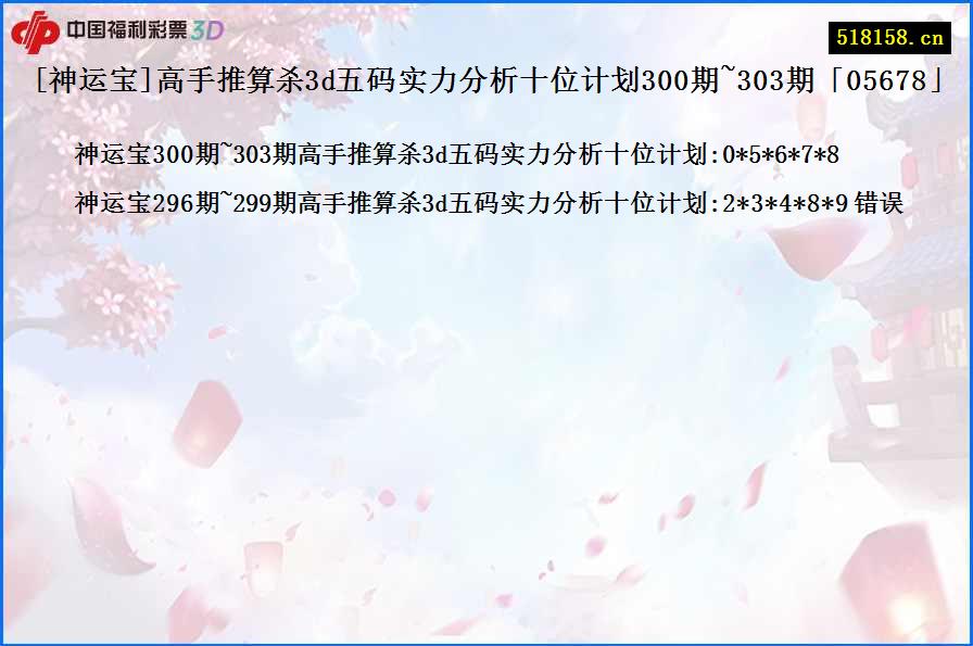 [神运宝]高手推算杀3d五码实力分析十位计划300期~303期「05678」