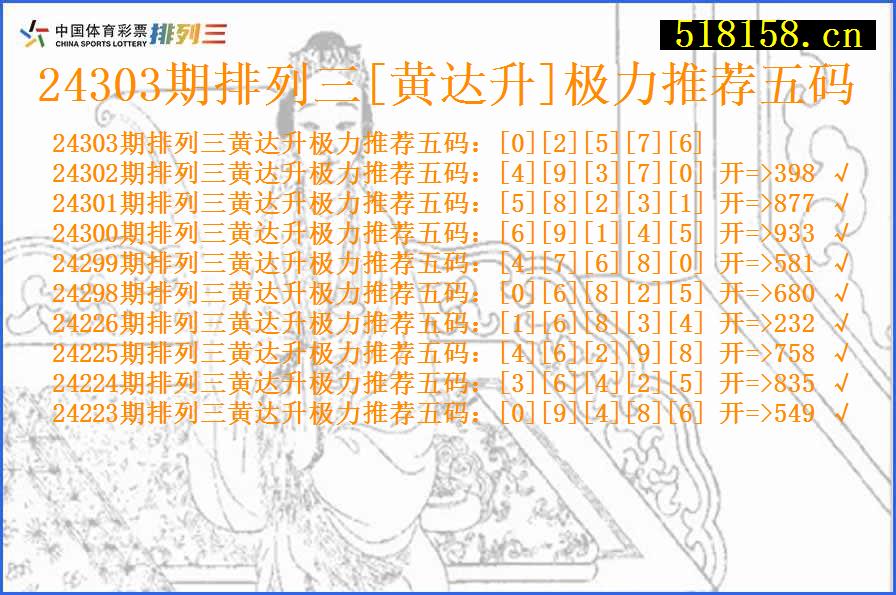 24303期排列三[黄达升]极力推荐五码