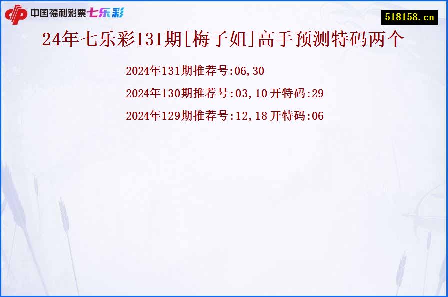 24年七乐彩131期[梅子姐]高手预测特码两个