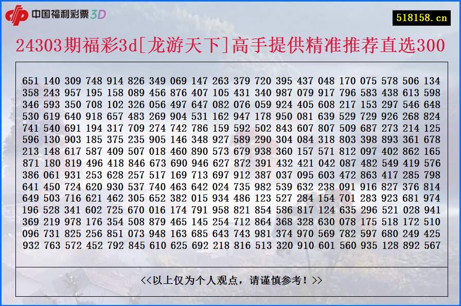 24303期福彩3d[龙游天下]高手提供精准推荐直选300