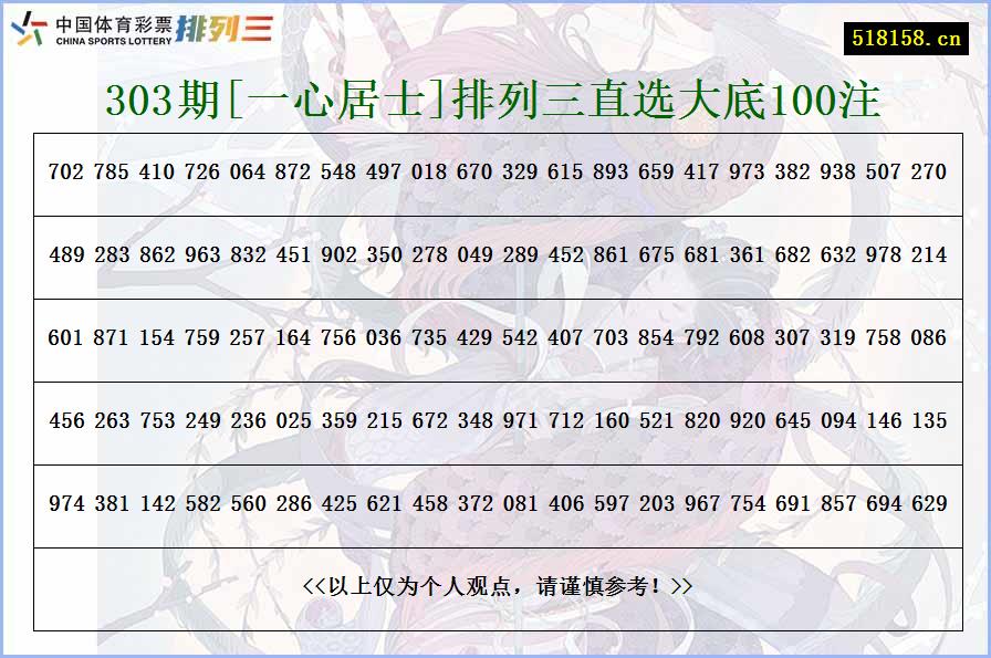 303期[一心居士]排列三直选大底100注