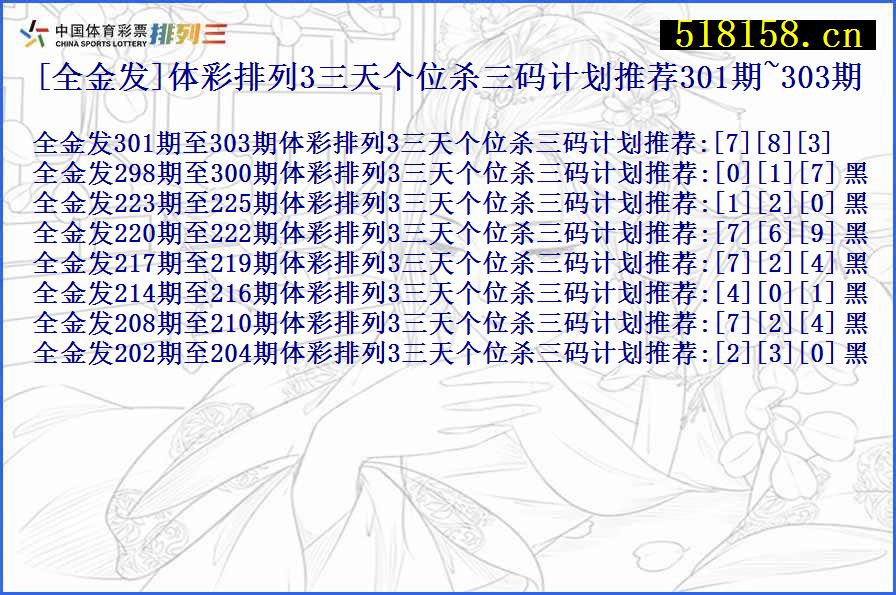 [全金发]体彩排列3三天个位杀三码计划推荐301期~303期