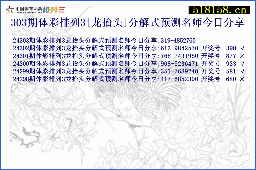 303期体彩排列3[龙抬头]分解式预测名师今日分享