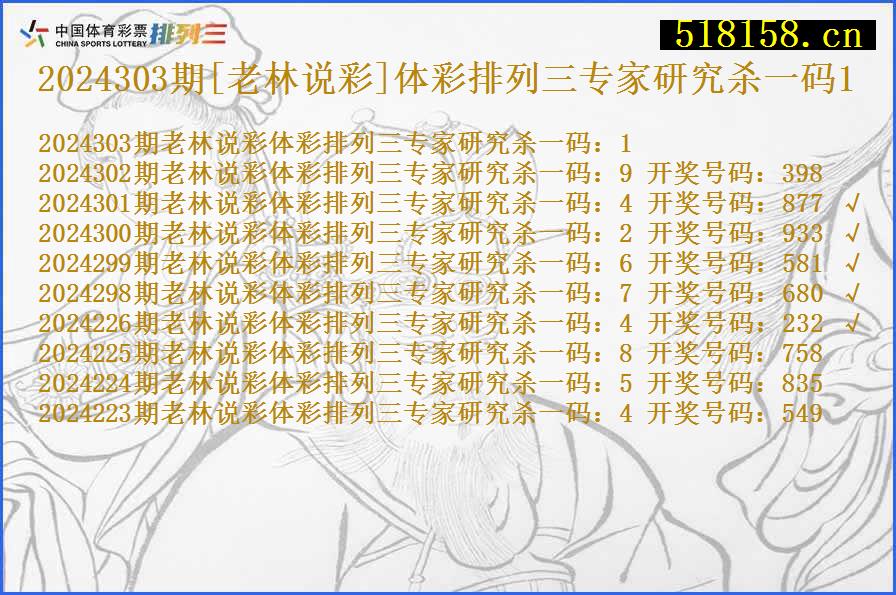 2024303期[老林说彩]体彩排列三专家研究杀一码1