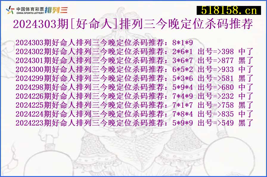 2024303期[好命人]排列三今晚定位杀码推荐