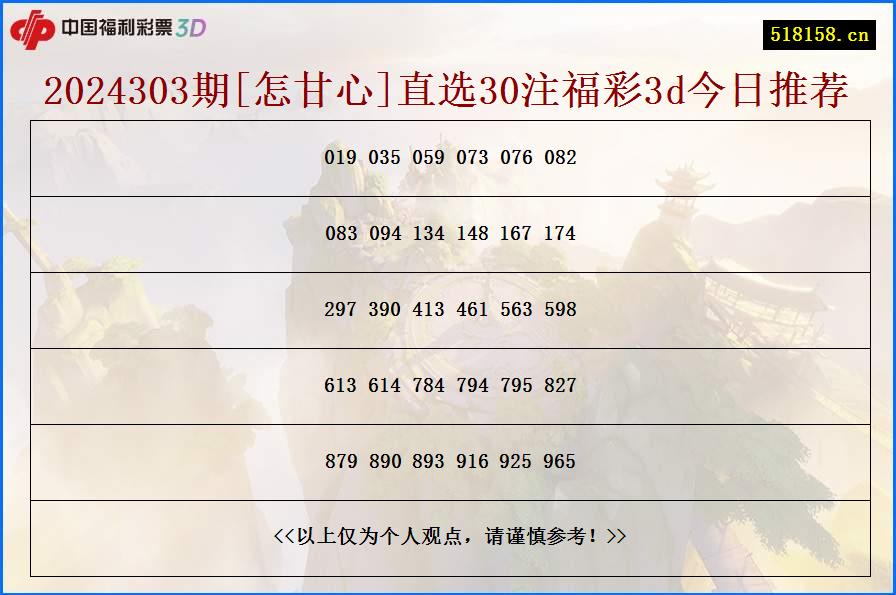 2024303期[怎甘心]直选30注福彩3d今日推荐