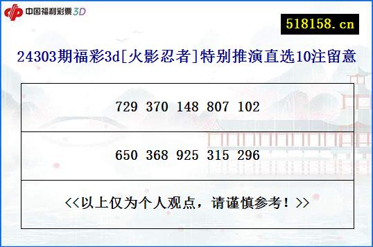 24303期福彩3d[火影忍者]特别推演直选10注留意