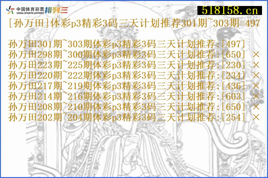 [孙万田]体彩p3精彩3码三天计划推荐301期~303期=497