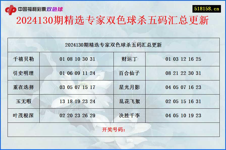 2024130期精选专家双色球杀五码汇总更新