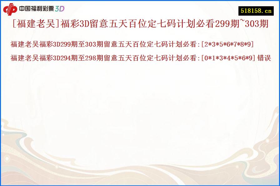 [福建老吴]福彩3D留意五天百位定七码计划必看299期~303期