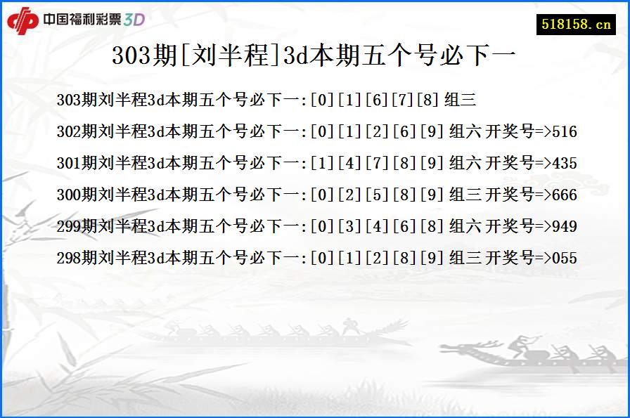 303期[刘半程]3d本期五个号必下一