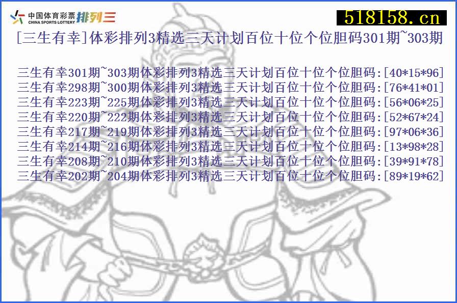 [三生有幸]体彩排列3精选三天计划百位十位个位胆码301期~303期