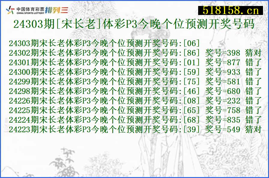 24303期[宋长老]体彩P3今晚个位预测开奖号码