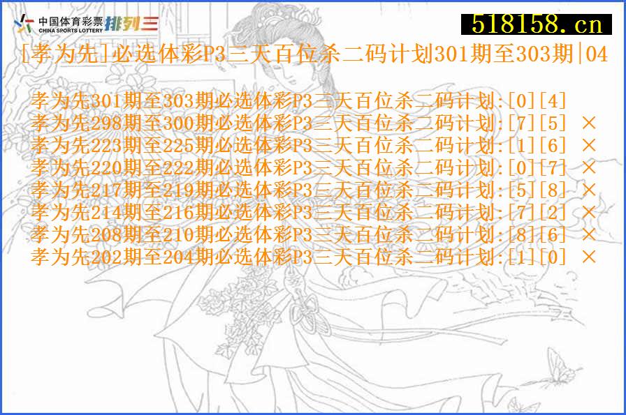 [孝为先]必选体彩P3三天百位杀二码计划301期至303期|04