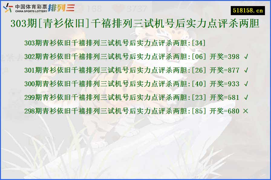 303期[青衫依旧]千禧排列三试机号后实力点评杀两胆