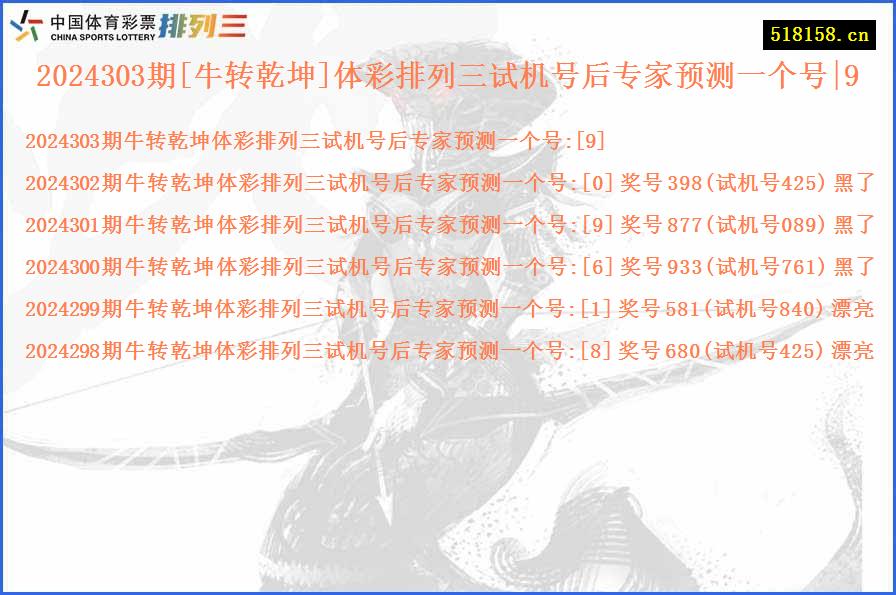 2024303期[牛转乾坤]体彩排列三试机号后专家预测一个号|9