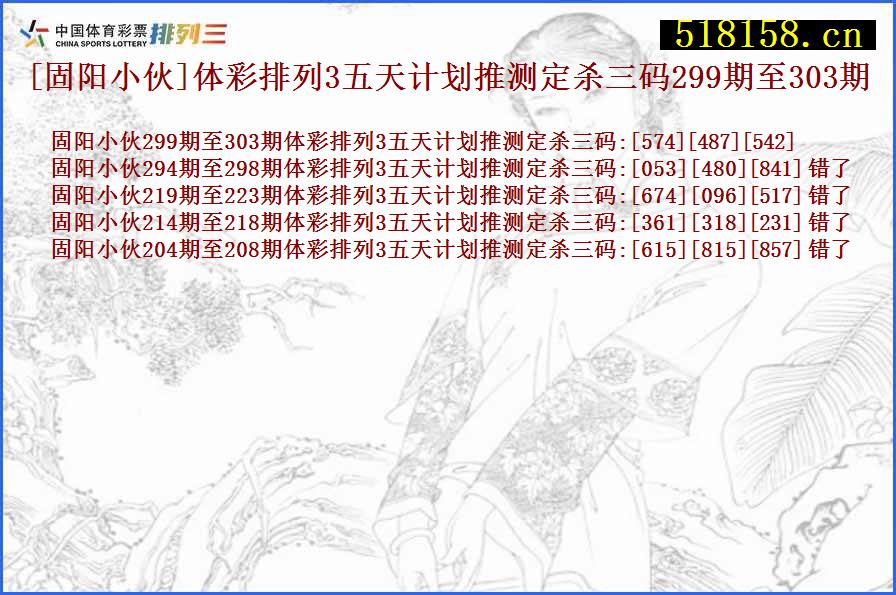 [固阳小伙]体彩排列3五天计划推测定杀三码299期至303期