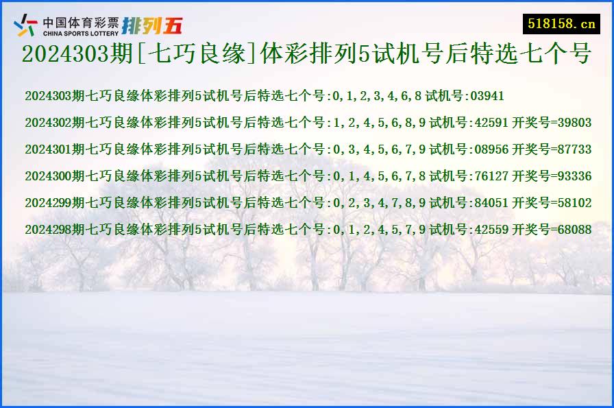 2024303期[七巧良缘]体彩排列5试机号后特选七个号