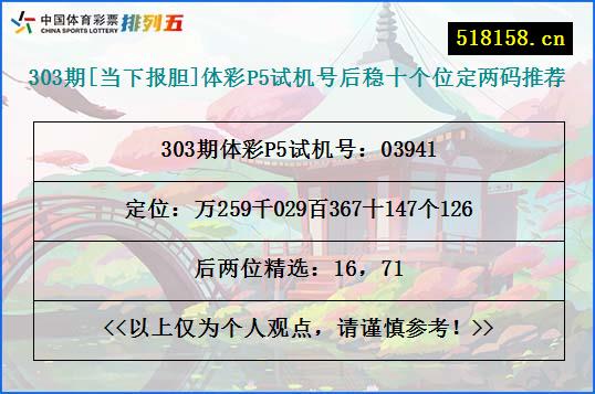 303期[当下报胆]体彩P5试机号后稳十个位定两码推荐