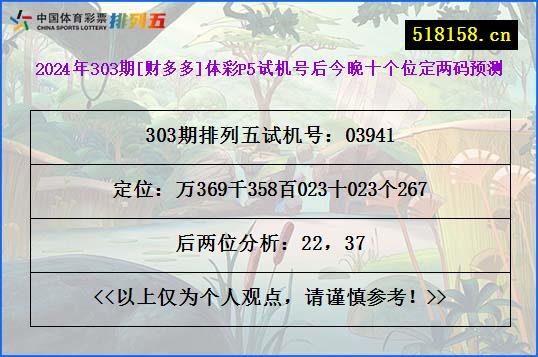 2024年303期[财多多]体彩P5试机号后今晚十个位定两码预测