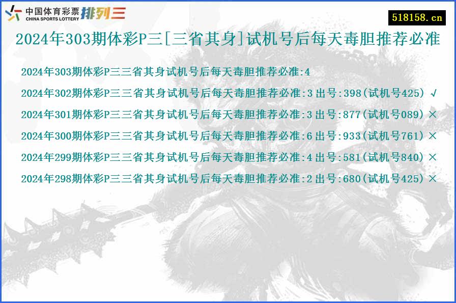 2024年303期体彩P三[三省其身]试机号后每天毒胆推荐必准