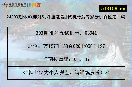 24303期体彩排列5[斗胆老翁]试机号后专家分析百位定三码