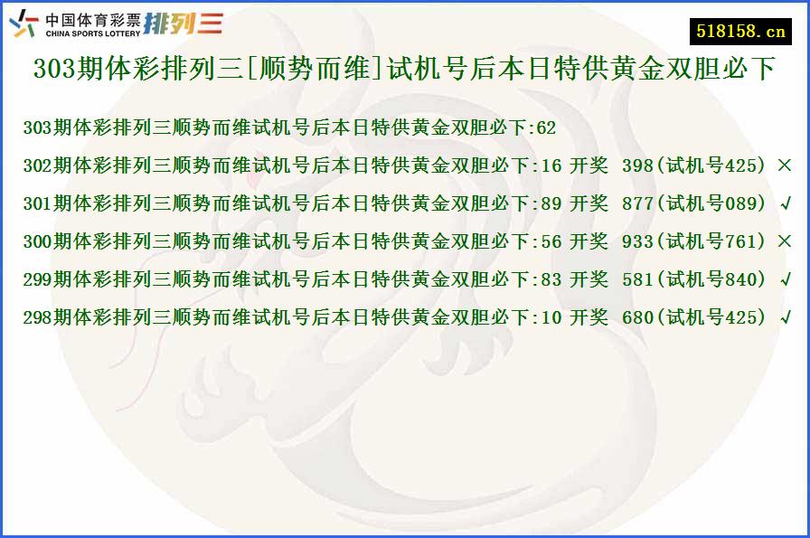 303期体彩排列三[顺势而维]试机号后本日特供黄金双胆必下