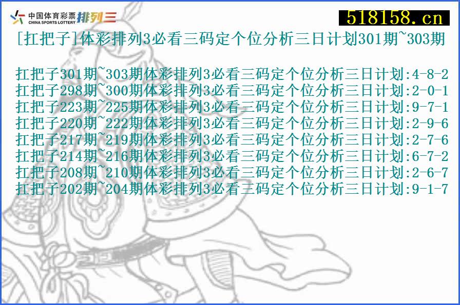 [扛把子]体彩排列3必看三码定个位分析三日计划301期~303期